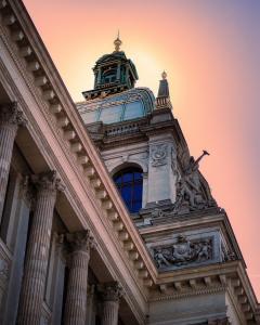 pink sky old building
